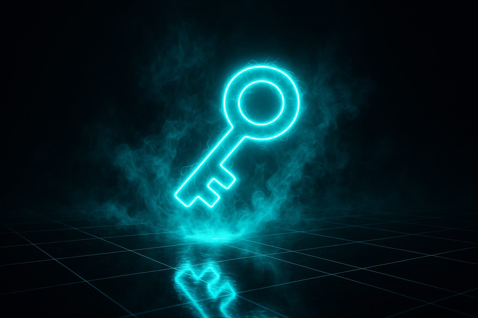 Abstract artwork: a glowing cyan key in neon light
